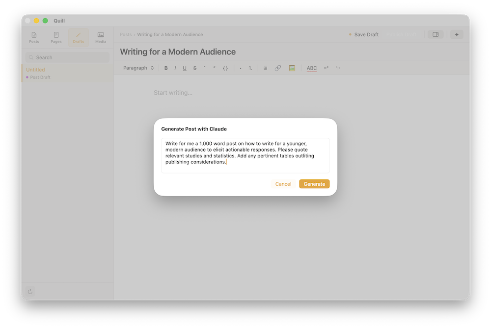 Quill showing the Generate Post with Claude dialog