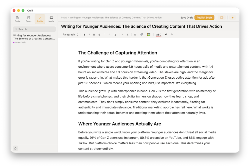 Quill showing a local draft with the Publish Draft button in the toolbar