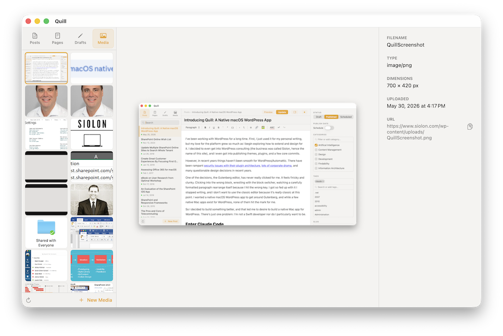 Quill media library showing thumbnail grid and file metadata panel