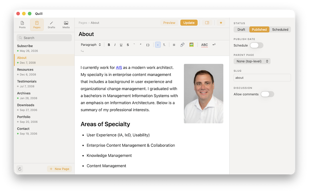 Quill page editor showing rich text formatting toolbar and page settings panel