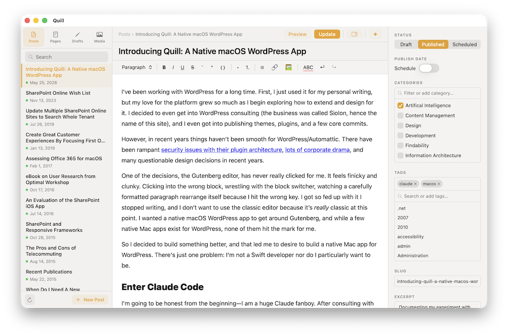 Quill app showing the post editor with rich text and settings panel